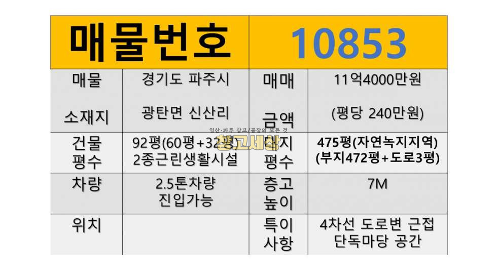 경기 파주시 광탄면 신산리 대지475평 건물 총 92평(60평+32평)제2종근린생활시설/매매가 11억4000만원 매매 매물번호 10853 사진 2