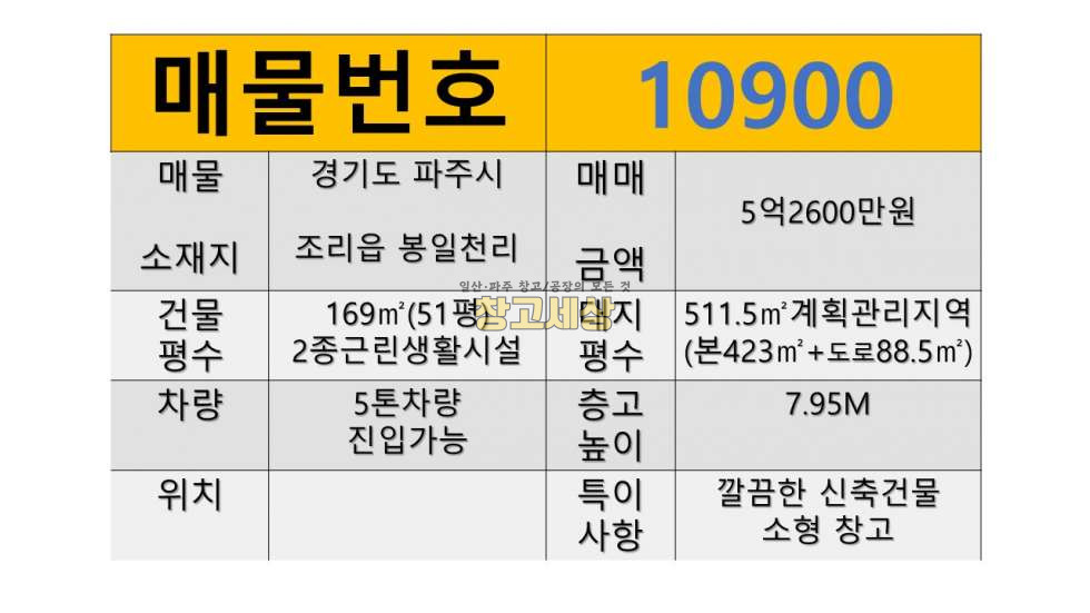 경기 파주시 조리읍 봉일천리 169㎡(51평)제2종근린생활시설/토지511.5㎡(대지423㎡+도로88.5㎡)계획관리지역/파주시 조리읍 봉일천리/매매가 5억2600만원 매매 매물번호 10900 사진 2
