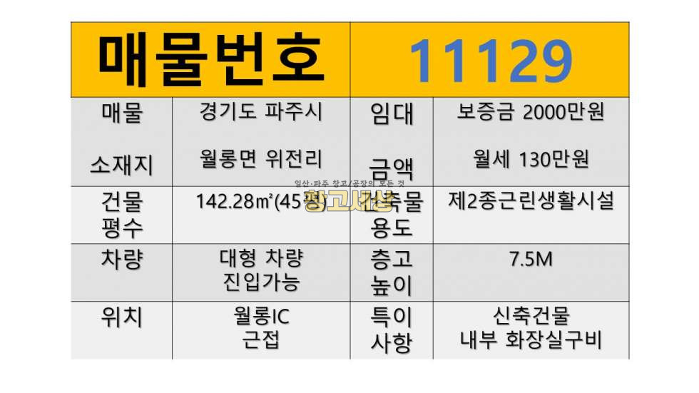 경기 파주시 월롱면 위전리 45평(142.28㎡)제2종근린생활시설/신축건물/소형창고/월롱IC근접 월세 매물번호 11129 사진 2