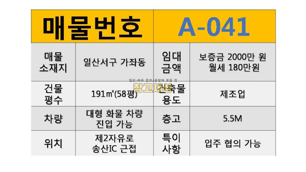경기 고양일산서구 가좌동 191㎡(58평)제조업/일산서구 가좌동/보증금 2000만원 월세 180만원 월세 매물번호 11052 사진 2