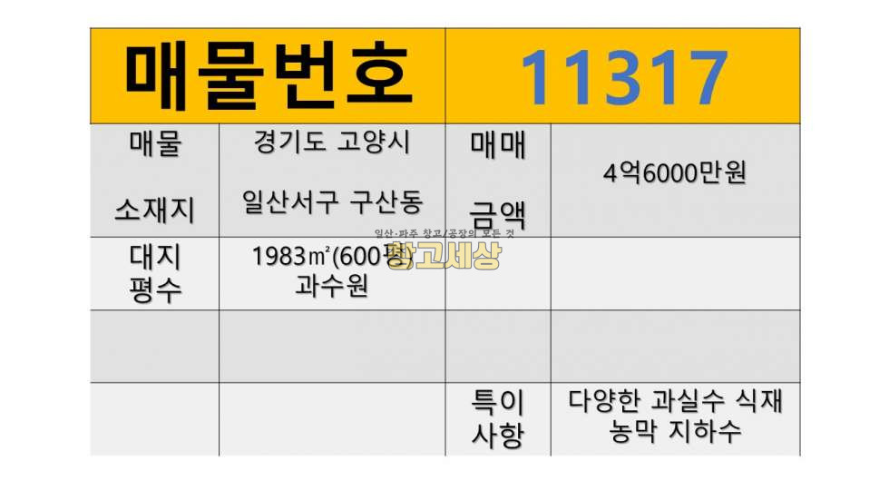 경기 고양일산서구 구산동 구산동/600평/과수원/농림지역/농업용전기/지하수/농막/토지매매 매매 매물번호 11317 사진 2