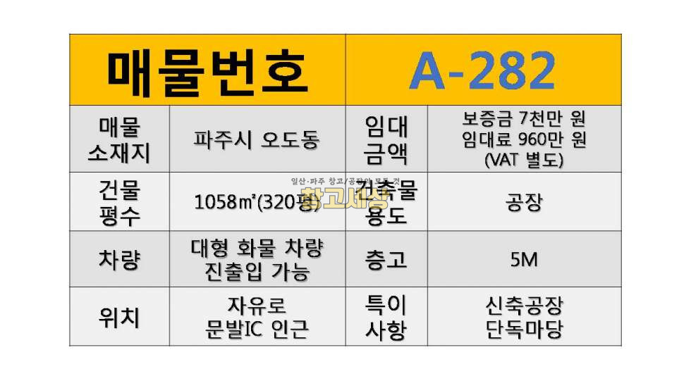 경기 파주시 오도동 320평(1058㎡) / 공장 / 단독마당 / 대형차량OK / 대중교통OK/창고임대/창고매매/공장임대/공장매매/토지매매 월세 매물번호 11450 사진 2