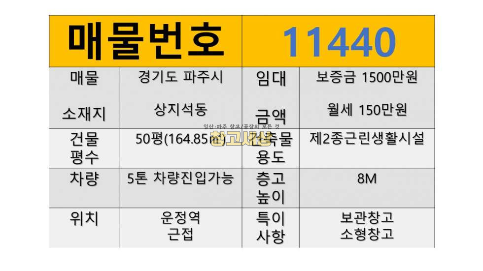 경기 파주시 상지석동 상지석동/50평/제2종근생/소형창고/소형보관/즉시입주가능/운정역 근접/창고임대/창고매매/공장임대/공장매매/토지매매 월세 매물번호 11440 사진 2