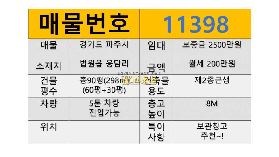 경기 파주시 법원읍 웅담리 법원읍 웅담리/총90평/제2종근생/소형창고/고8M/창고임대/창고매매/공장임대/공장매매/토지매매 월세 매물번호 11398 사진 2