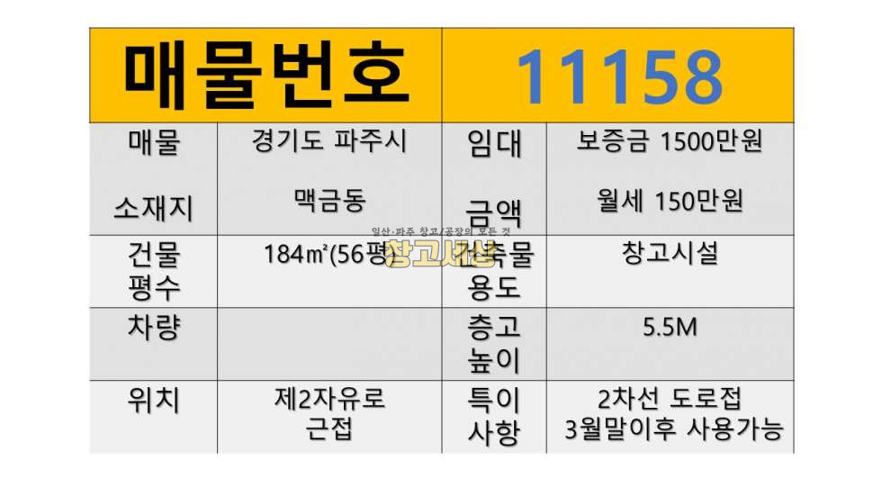 경기 파주시 맥금동 파주 맥금동/56평/창고시설/2차선도로변접/물류창고/제2자유로 근접/창고임대/창고매매/공장임대/공장매매/토지매매 월세 매물번호 11158 사진 2
