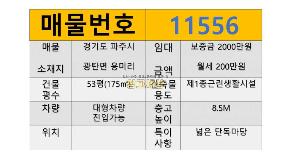 경기 파주시 광탄면 용미리 53평(175㎡)제1종근생/파주시 광탄면 용미리/넓은 단독마당/입주 협의/보관창고추천/파주창고임대/파주공장임대/일산창고임대/일산공장임대 월세 매물번호 11566 사진 2