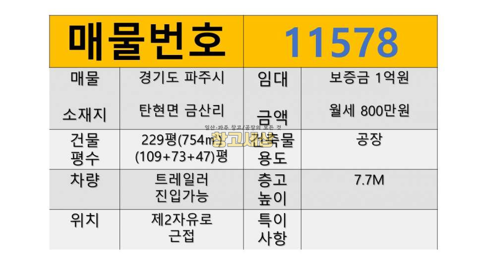 경기 파주시 탄현면 금산리 총 229평(754㎡)공장/파주시 탄현면 금산리/4차선 도로변/물류창고/대형차량진입가능/제2자유로 근접 월세 매물번호 11578 사진 2