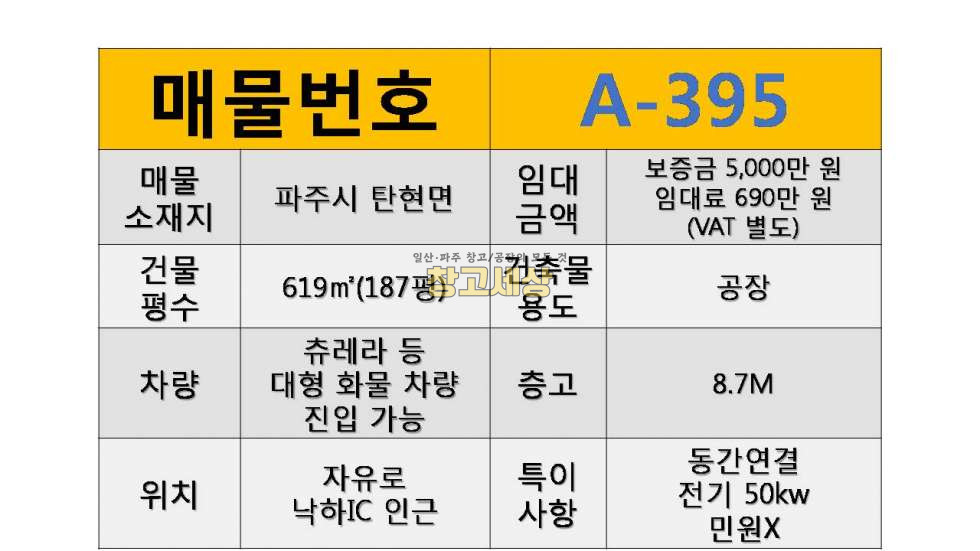 경기 파주시 탄현면 낙하리 230평(726㎡) / 공장 / 동간연결OK /전기50KW/ 민원X/츄레라OK / 자유로5분 월세 매물번호 11627 사진 2