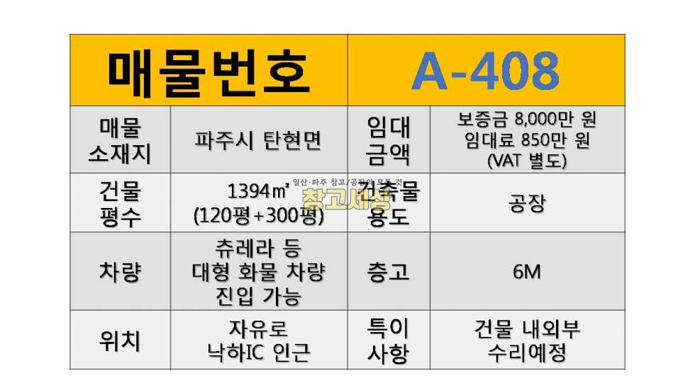 경기 파주시 탄현면 낙하리 420평(1394㎡) / 공장 / 대형단독마당 / 리모델링/ 츄레라OK / 자유로5분 월세 매물번호 11640 사진 2