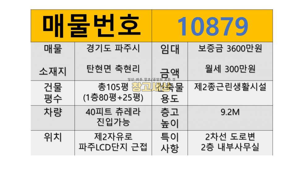 경기 파주시 탄현면 축현리 총105평(1층80평+2층25평)제2종근린생활시설/파주시 탄현면 축현리/보증금 3600만원 월세 300만원 월세 매물번호 10879 사진 2