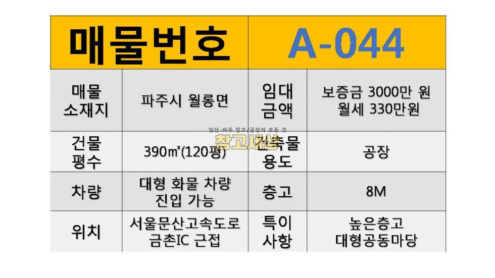 경기 파주시 월롱면 영태리 120평(396㎡) / 공장 /대형공동마당/ 높은층고/공용화장실/ 츄레라OK 월세 매물번호 11059 사진 2