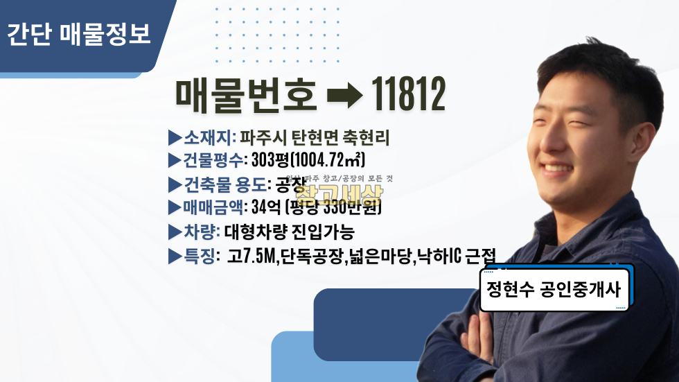 경기 파주시 탄현면 축현리 건물 총 303평(1004.72㎡) 공장/파주시 탄현면 축현리/단독 공장/대형차량진입가능/넓은마당/낙하IC 근접 매매 매물번호 11812 사진 2