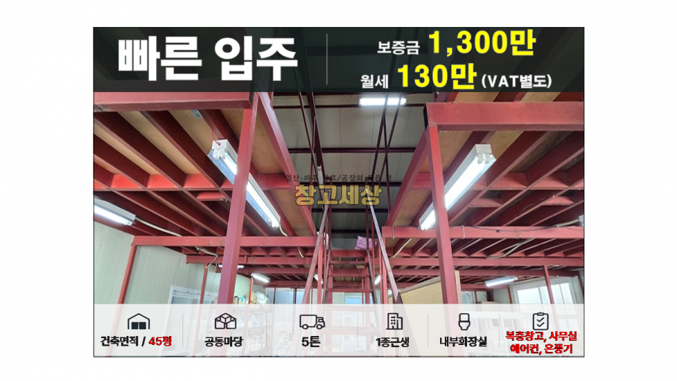 경기 고양일산서구 덕이동 45평(147㎡) / 1종근생 /전면마당/복층창고/증축창고/내부사무실/ 내부화장실/시설비有/5톤OK 월세 매물번호 11960 사진 1